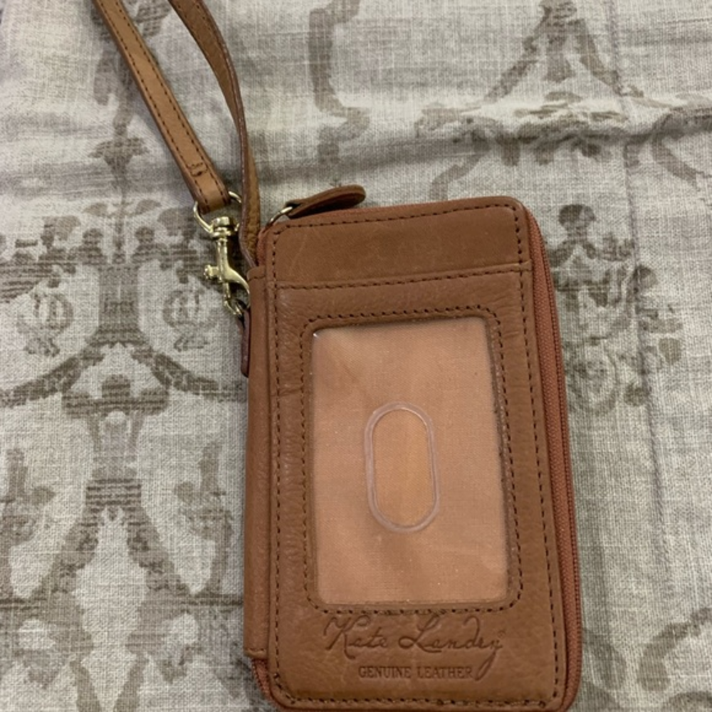 KATE LANDRY Tan Genuine Leather Wristlet Zip